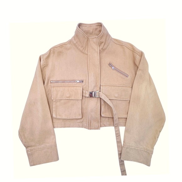 Eggie Jackets & Blazers - Eggie Utility Cropped Jacket Khaki Tan Cotton Cargo Buckle Pocket Jacket Women's